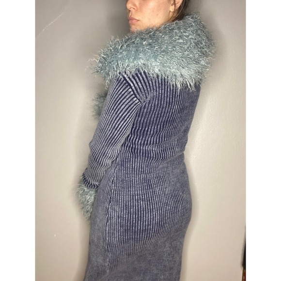 VINTAGE Blue ribbed Penny Lane Fuzzy Y2K Coat Medium - Picture 2 of 10